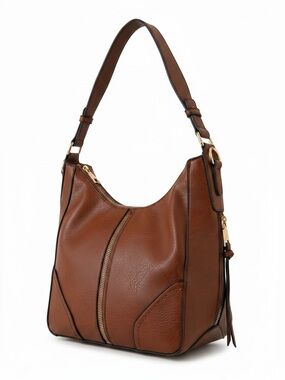 Pebbled Brown Leather Shoulder Bag with Gold Accents